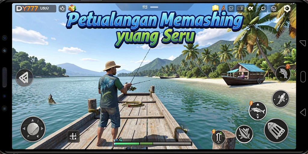 Screenshot gameplay DY777 menunjukkan momen seru saat menangkap ikan.